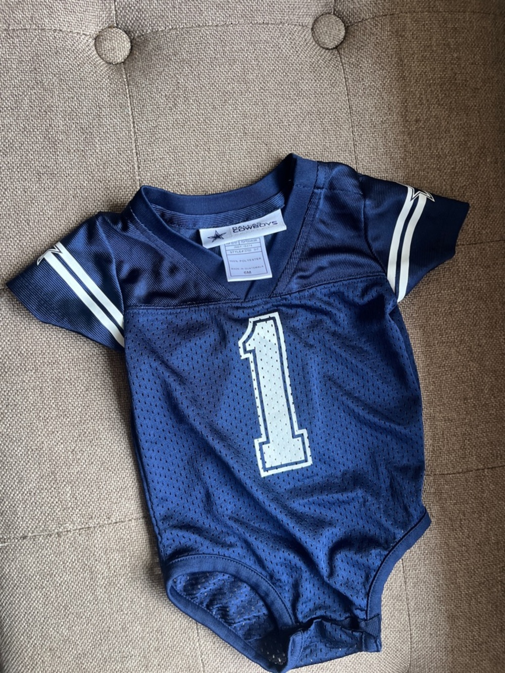Official Cowboys Navy Blue Baby Football Onesie - Number 1